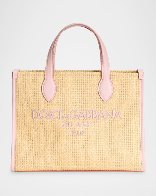 Kid's Straw and Leather Logo Tote Bag